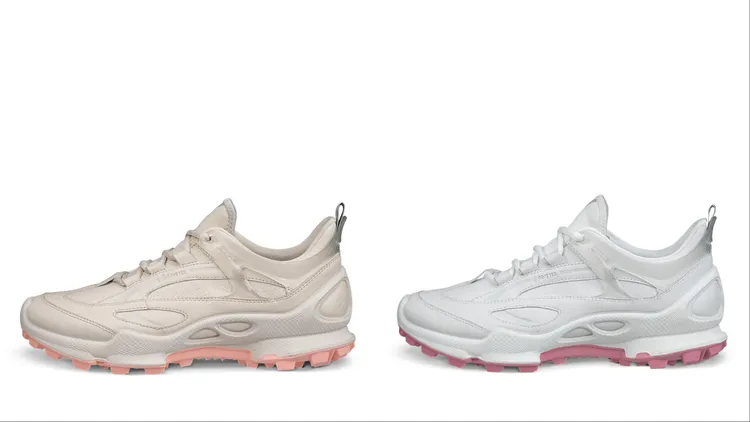 「BIOM C-TRAIL」防水運動女鞋石灰色／珊瑚粉（左）、白色／桃花粉（右），各9980元。品牌提供