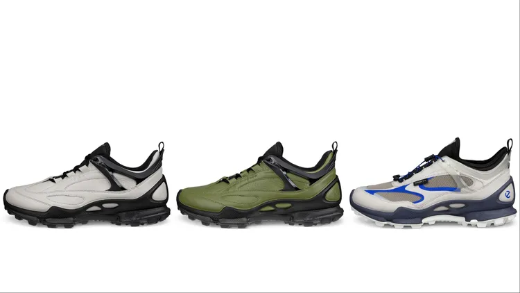 「BIOM C-TRAIL」防水運動男鞋砂礫灰／黑色（左起）、橡果綠／黑色、砂礫灰／復古藍，各9980元。品牌提供