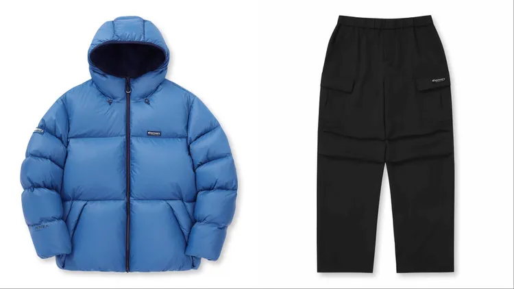 Discovery Expedition OLTEN PERTEX男版鵝絨外套（左）1萬300元、男版工裝降落傘褲（右）3490元。品牌提供