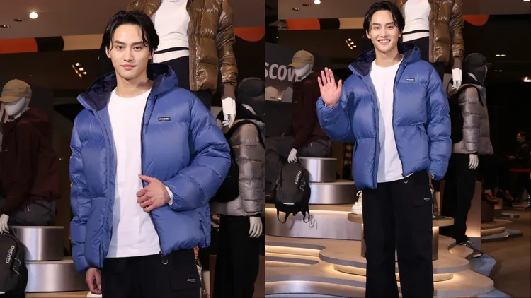 范少勳穿著OLTEN PERTEX男版藍色鵝絨外套搭配休閒長褲。莊宗達攝