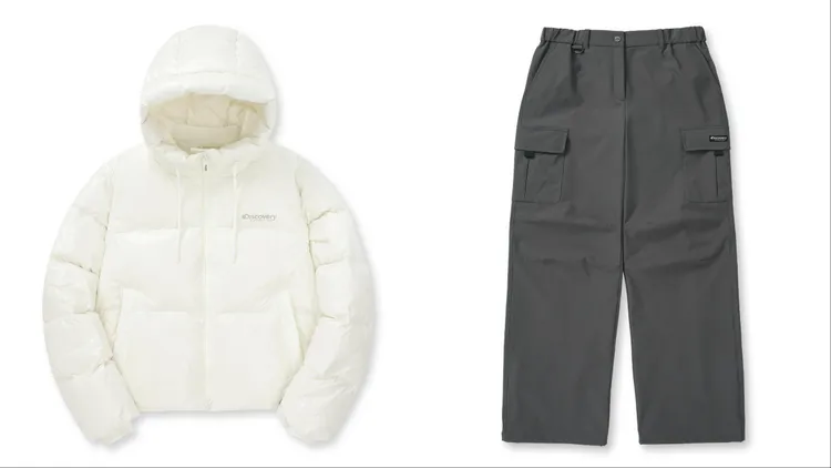 Discovery Expedition OLLIA女版連帽羽絨外套（左）8090元、女版工裝降落傘褲（右）3490元。品牌提供