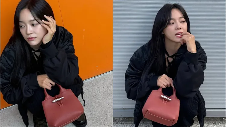 金世正以全黑套裝搭配栗子色Le Roseau手提包。翻攝金世正IG