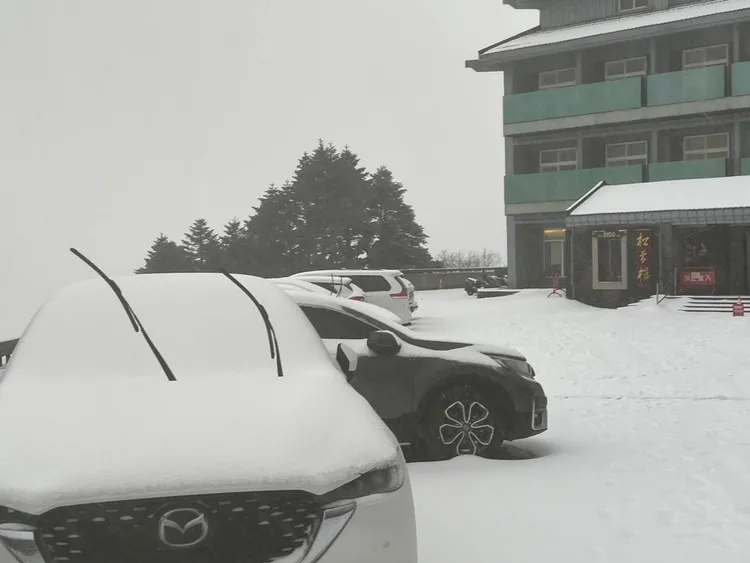 松雪樓目前還在下雪，車子上都積了厚厚一層雪。林業署南投分署提供