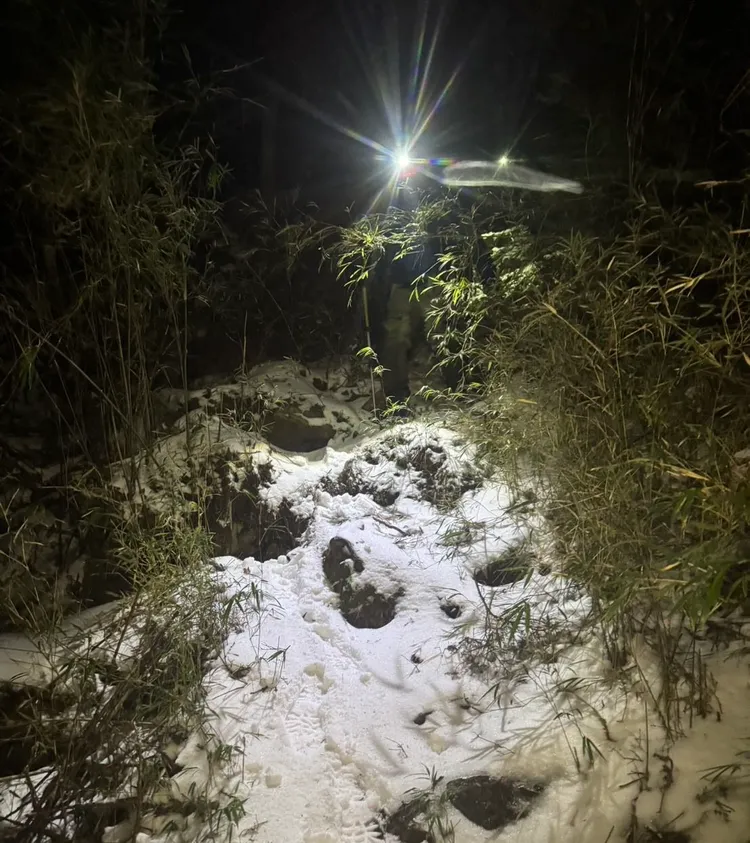 搜救人員雪地中搜尋女登山客蹤影。新竹縣消防局提供