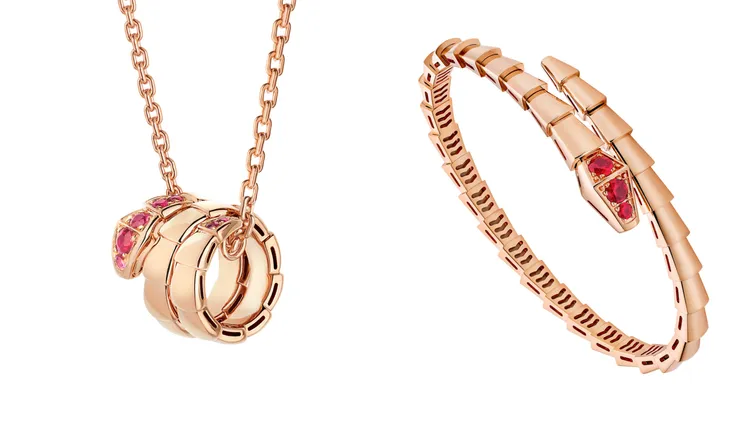 BVLGARI Serpenti Viper玫瑰金紅寶石項鍊、手環，價格店洽。品牌提供