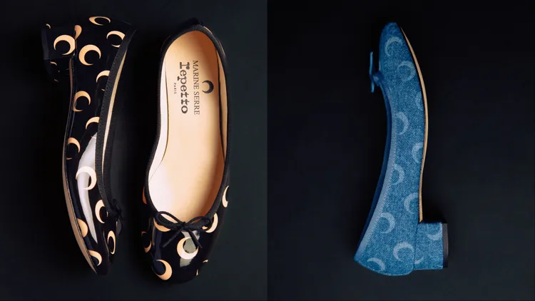 Camille在黑色、牛仔款式的鞋款外觀上佈滿彎月印花。品牌提供