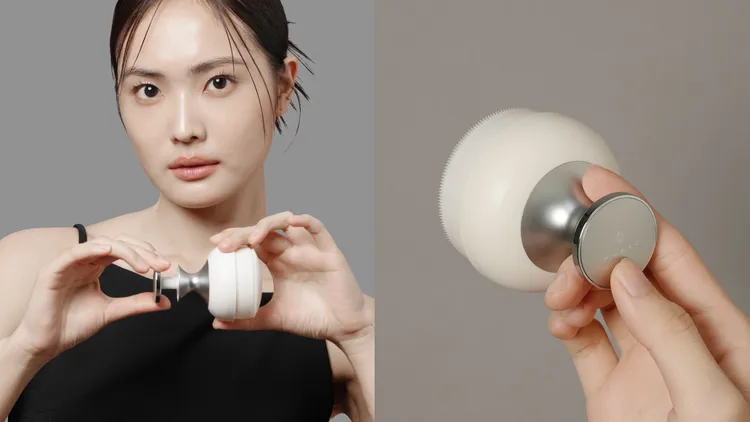 使用洗臉刷上方打氣塞將氣墊處充氣至適弧度（左圖），清水潔淨後 可按壓上方打氣塞釋放空氣保存（右圖）。品牌提供