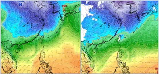 左圖：最新(18日20時)歐洲模式(ECMWF)，27日20時850百帕溫度及風場模擬圖顯示，零度(紅)線在北部陸地。

右圖：最新(18日20時)美國模式(GFS)，27日8時850百帕溫度及風場模擬圖顯示，零度(紅)線已觸及花蓮以北，比歐洲模式早。氣象應用推廣基金會