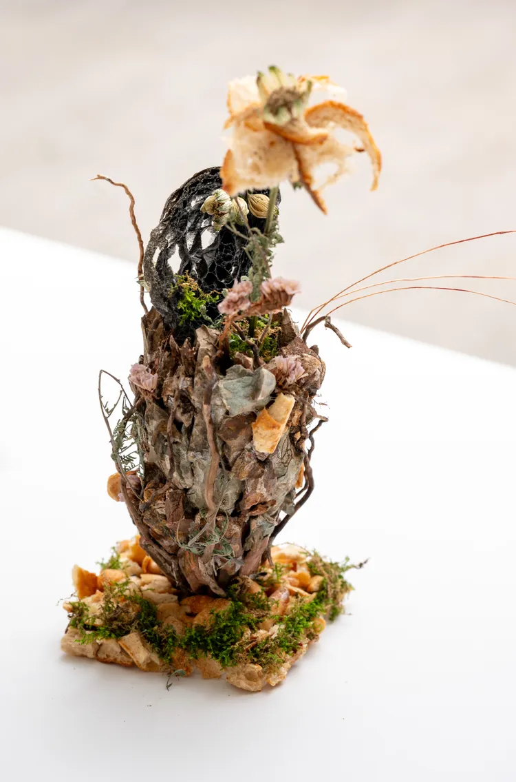 烘焙品牌Moon Baking，結合麵包切片、碎屑與乾燥花材等複合媒材，打造展覽作品。品牌提供