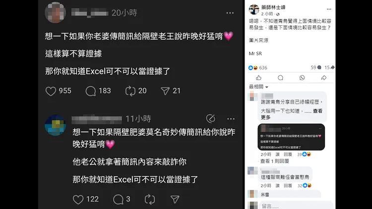 網友討論Excel能否當證據的形容，引發眾人討論。翻攝自藥師林士峰臉書