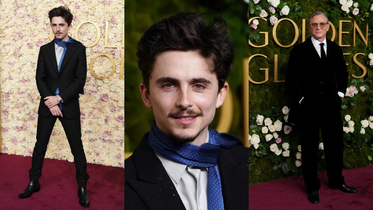 「甜茶」提摩西夏勒梅（左圖、中圖）的金球獎紅毯造型相當瀟灑，右圖為展現熟男風範的「007」丹尼爾克雷格。美聯社