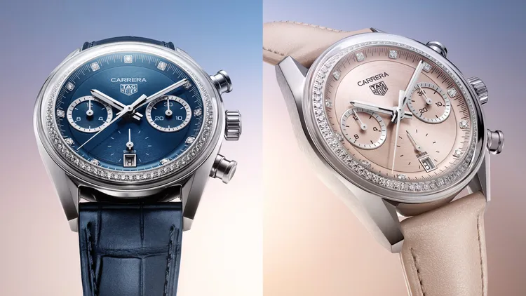泰格豪雅Carrera 計時腕錶藍色鑲鑽款（左）28萬6000元、Carrera 計時腕錶淡粉色鑲鑽款（右）28萬2700元。品牌提供