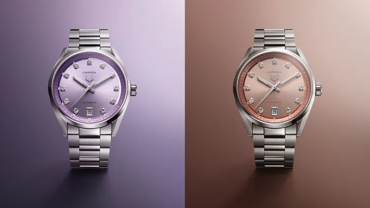 泰格豪雅Carrera日期自動腕錶丁香紫款（左）14萬3000元、淡粉色款（右）14萬3000元。品牌提供