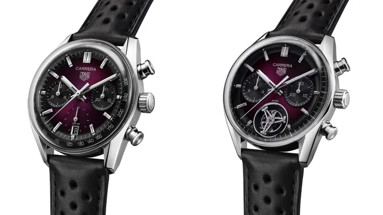 泰格豪雅計時腕錶黑曜紫款（左）21萬8700元、陀飛輪計時腕錶黑曜紫款（右）114萬4100元。品牌提供