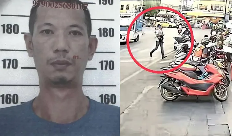 殺手行凶後騎機車從容離開現場（右圖），但很快就在柬埔寨落網。翻攝Khaosod News