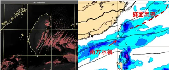 吳德榮表示，左圖顯示各地幾乎晴朗無雲。右圖為最新(12日20時)歐洲模式，週三(15日)14時地面氣壓及降水圖顯示，鋒面雨帶南下，南方亦有水氣移入，北部、東半部及山區皆有降雨。