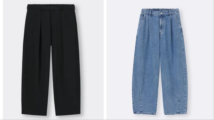 GU推出新春優惠價，男裝BARREL LEG錐形直筒褲（左）890元、TEEN BARREL LEG錐形牛仔褲（右）690元。品牌提供