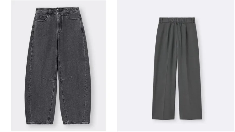 GU推出新春優惠價，女裝BARREL LEG錐形牛仔褲（左）、打褶寬褲（右），各790元。品牌提供