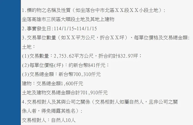 鑫龍騰購地訊息。重大訊息觀測站