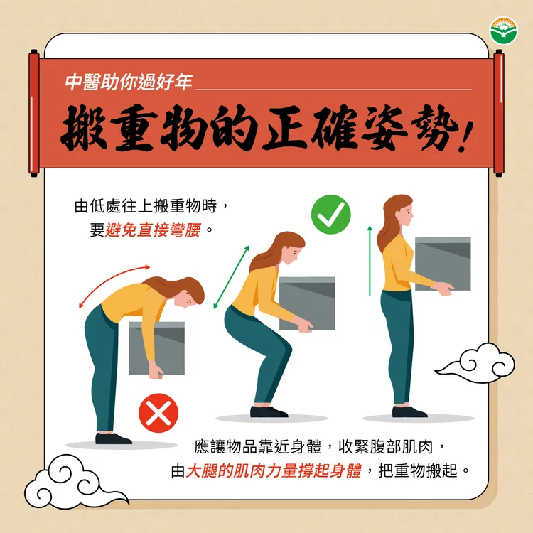 過年大掃除搬重物正確姿勢。馬光中醫提供