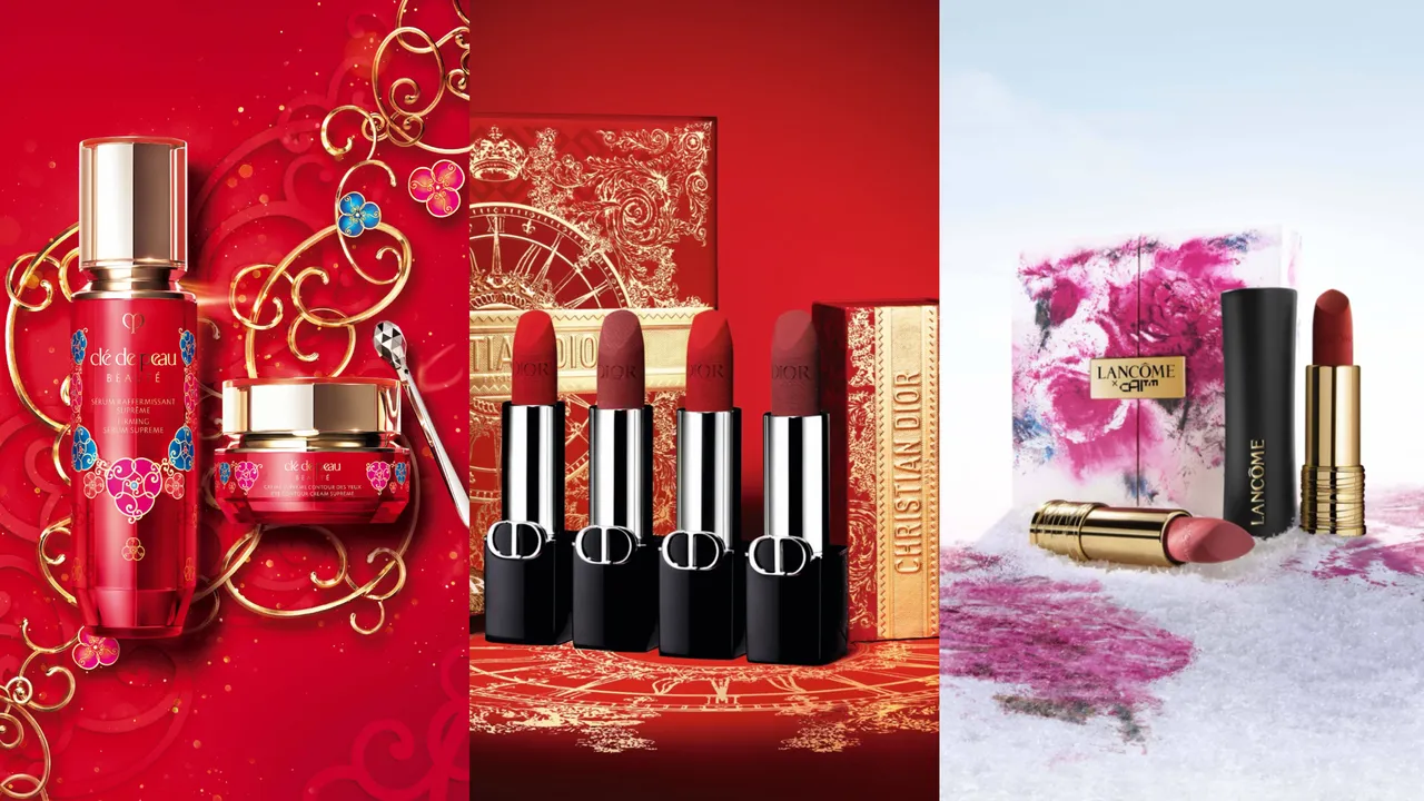 肌膚之鑰（左起）、Dior、蘭蔻帶來的新年限定包裝與美妝單品。品牌提供