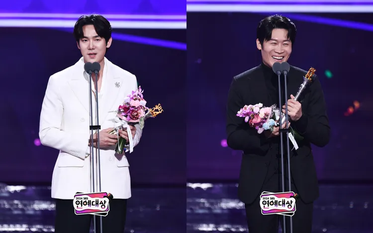 柳演錫（左圖）、陳善圭都是演員斜槓綜藝，得到新人獎肯定。翻攝SBS