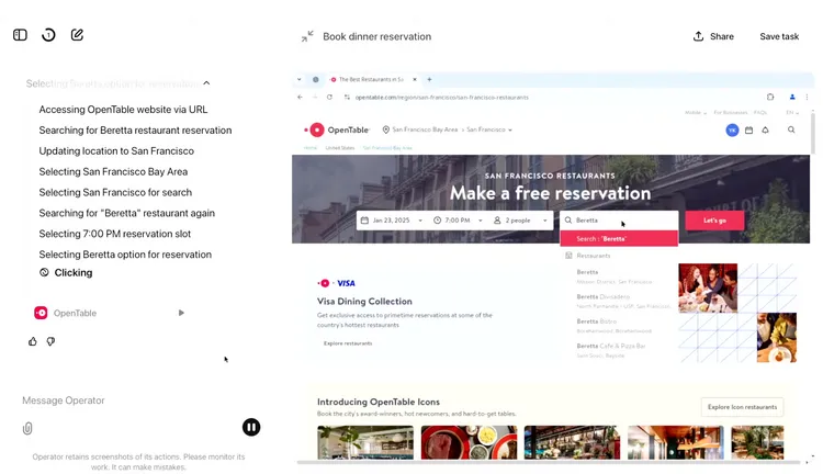 透過「Operator」來輕鬆完成訂位、購物一條龍動作。翻攝OpenAI影片