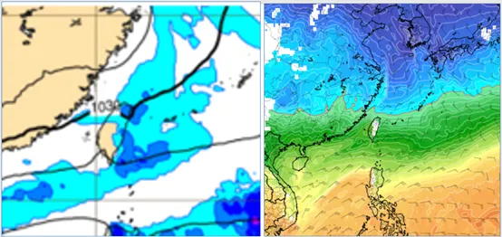 左圖：最新(5日20時)歐洲模式(ECMWF)，週五(10日)8時地面氣壓及降水圖顯示，北、東明顯降雨。右圖：最新(5日20時)歐洲模式(ECMWF)，週五(10日)20時850百帕氣溫及風場圖顯示，零度(紅)線在北部近海。氣象應用推廣基金會