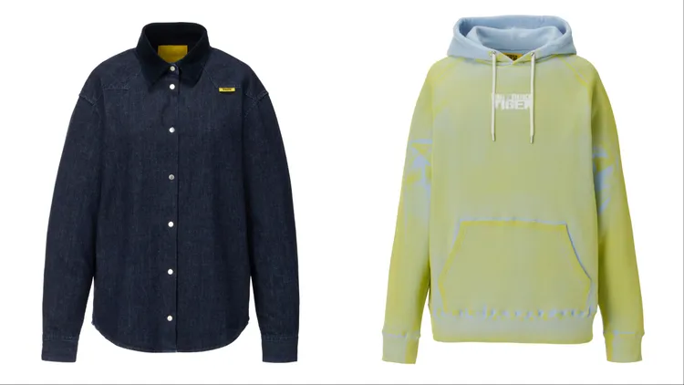Onitsuka Tiger燈芯絨翻領簡約丹寧長袖襯衫（左）9880元、刷染設計連帽長袖上衣（右）1萬500元。品牌提供