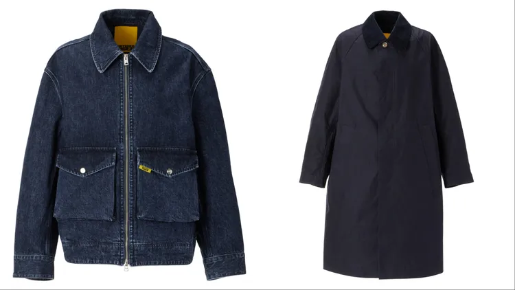 Onitsuka Tiger男款設計款丹寧飛行員外套（左）1萬5400元、深藍單排扣長版大衣（右）2萬3400元。品牌提供