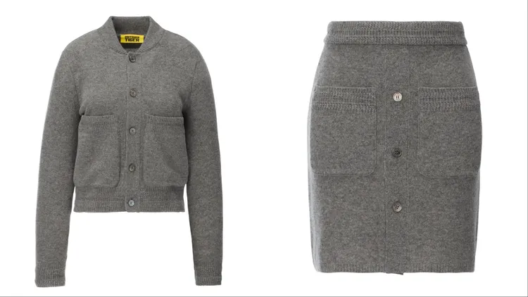 Onitsuka Tiger女款灰色羊毛翻領排釦上衣（左）1萬4500元、女款灰色羊毛口袋短裙（右）9880元。品牌提供