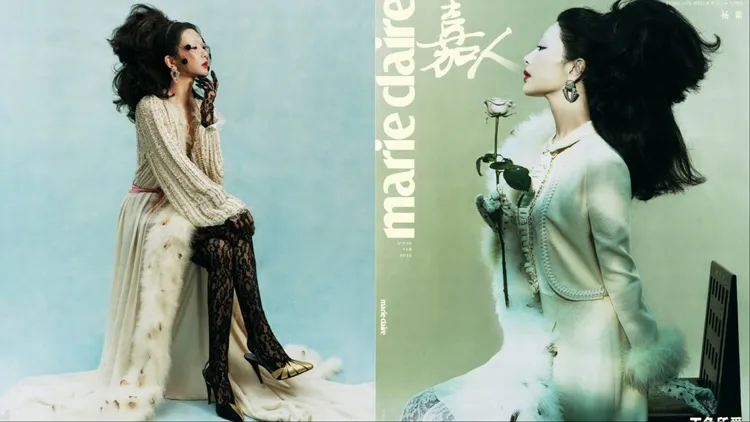 楊紫搭配VALENTINO 2025春季系列的各種復古洋裝。翻攝《嘉人》微博