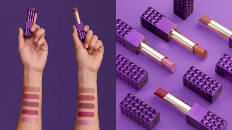 VALENTINO高訂鉚釘唇膏幻紫限定版共有5色選，各1700元。品牌提供
