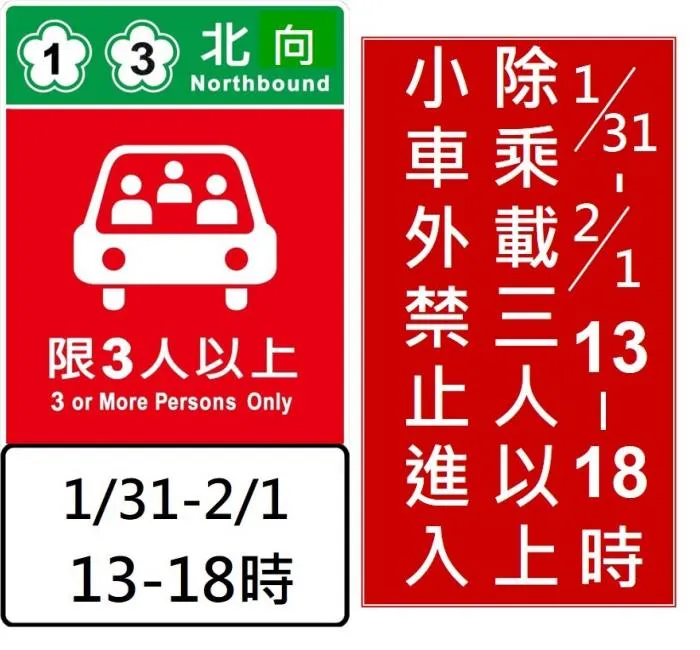 交流道附近重要路口與匝道入口前設置相關標誌，重以綠底白字標示管制路線及方向，紅底白字標示管制車種及人數，並以白底黑字附牌標示管制日期與時段（圖左）；設於匝道入口的標誌，因作為執法依據，則仍採用紅底白字的文字型禁制性告示牌（圖右）。高公局提供