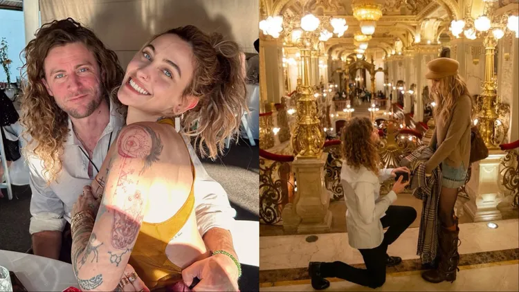 Paris Jackson（左圖右、右圖右）與製作人男友宣布訂婚好消息。翻攝Paris Jackson IG