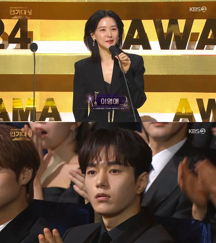 李英愛（上圖）睽違26年回KBS演戲，驚喜現身頒人氣獎，金明洙也嚇到。翻攝KBS