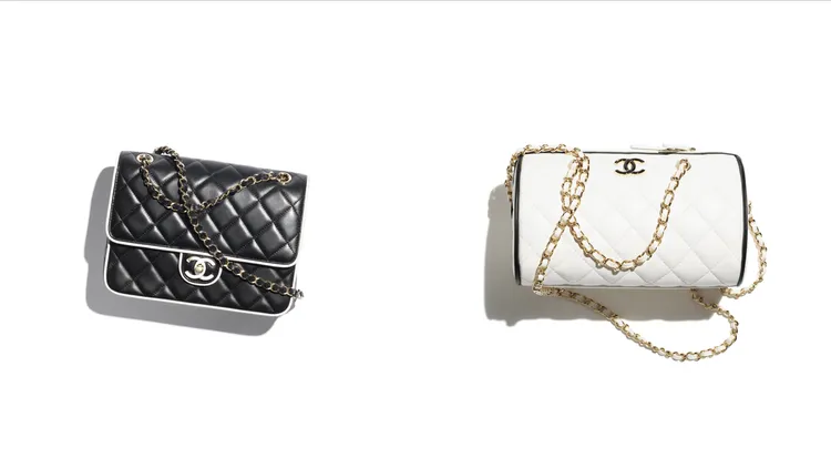 香奈兒黑色菱格紋飾以白色滾邊肩背包（左圖）21萬1500元、白色菱格紋與黑色滾邊皮穿鍊保齡球包（右圖）15萬1300元。品牌提供