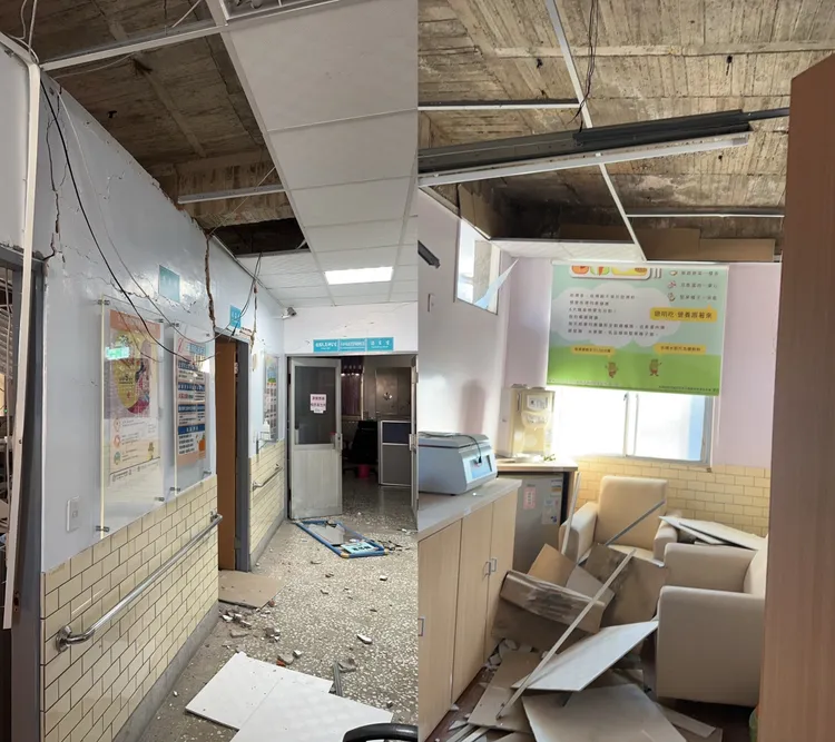 楠西衛生所牆壁龜裂嚴重，人員都在外面搭棚子辦公。南市府提供