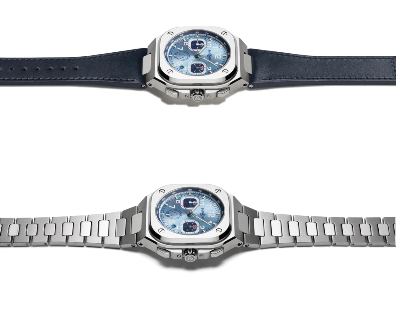 BELL & ROSS BR-05 Chrono Patrouille de France計時腕錶，42mm，緞面拋光不鏽鋼錶殼，藍色太陽紋錶盤，藍色小牛皮或緞面拋光不鏽鋼錶帶，BR-CAL.326自動機械機芯，動力儲存60小時，防水深度100米，不鏽鋼錶帶25萬9000元、藍色小牛皮錶帶24萬1000元。品牌提供