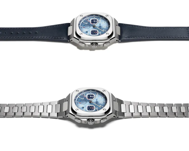 BELL & ROSS BR-05 Chrono Patrouille de France計時腕錶，42mm，緞面拋光不鏽鋼錶殼，藍色太陽紋錶盤，藍色小牛皮或緞面拋光不鏽鋼錶帶，BR-CAL.326自動機械機芯，動力儲存60小時，防水深度100米，不鏽鋼錶帶25萬9000元、藍色小牛皮錶帶24萬1000元。品牌提供