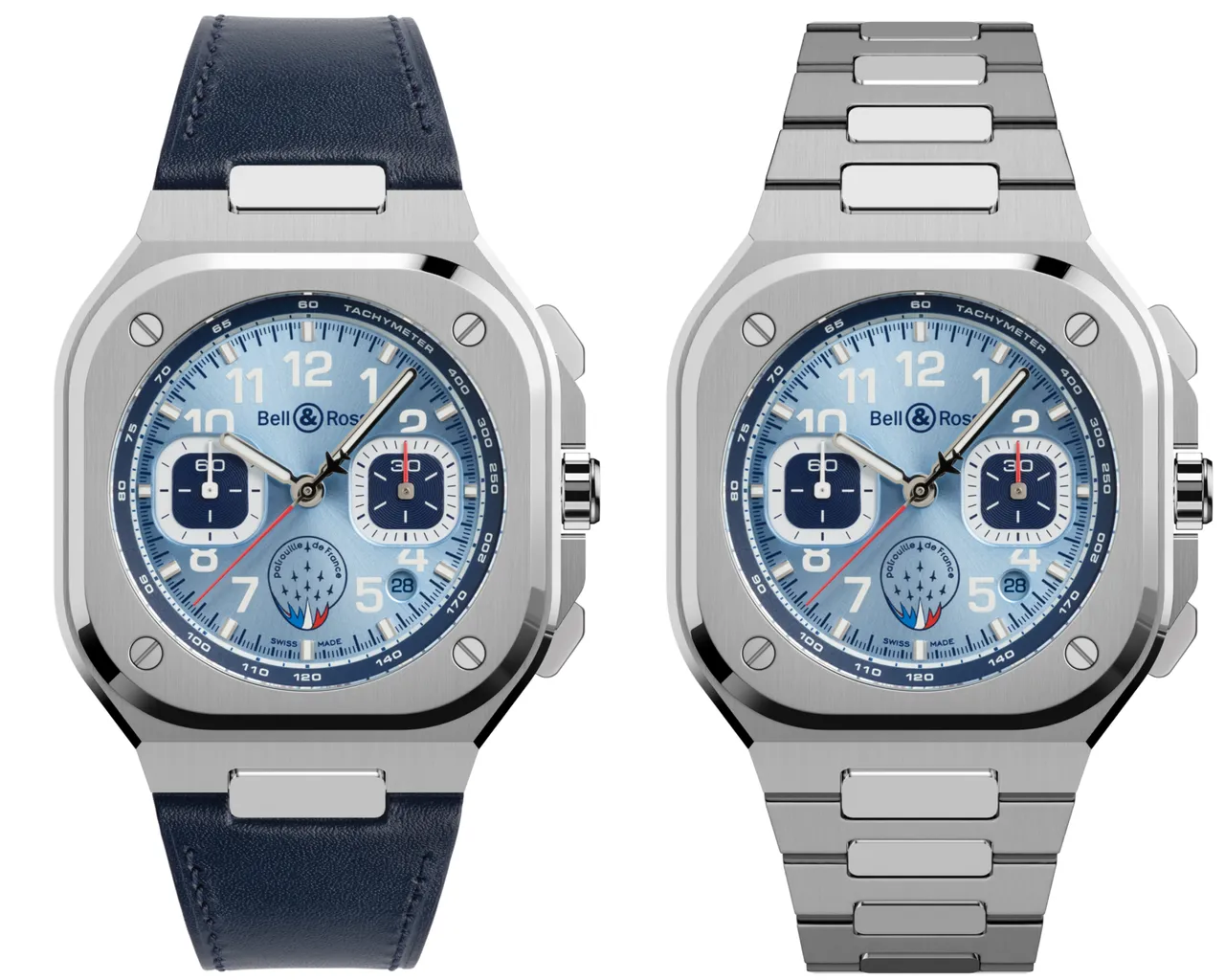 BELL & ROSS BR-05 Chrono Patrouille de France計時腕錶，42mm，緞面拋光不鏽鋼錶殼，藍色太陽紋錶盤，藍色小牛皮或緞面拋光不鏽鋼錶帶，BR-CAL.326自動機械機芯，動力儲存60小時，防水深度100米，不鏽鋼錶帶25萬9000元、藍色小牛皮錶帶24萬1000元。品牌提供