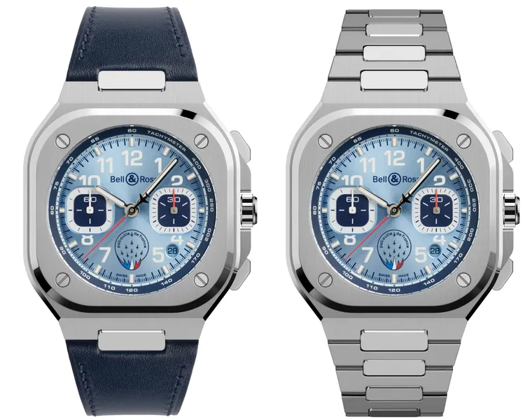 BELL & ROSS BR-05 Chrono Patrouille de France計時腕錶，42mm，緞面拋光不鏽鋼錶殼，藍色太陽紋錶盤，藍色小牛皮或緞面拋光不鏽鋼錶帶，BR-CAL.326自動機械機芯，動力儲存60小時，防水深度100米，不鏽鋼錶帶25萬9000元、藍色小牛皮錶帶24萬1000元。品牌提供