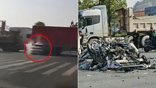 驚悚影片｜比亞迪飆撞貨櫃車「炸成碎片」　網曝駕駛慘死車內