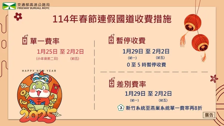 春節連假國道收費措施。高公局提供