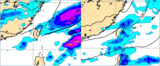 左圖：最新(29日20時)歐洲模式(ECMWF)，年初五(2日)8時地面氣壓及降水模擬圖顯示，鋒面掠過、北、東有局部短暫雨。右圖：最新(29日20時)歐洲模式(ECMWF)，下週一(3日)20時地面氣壓及降水模擬圖顯示，氣溫遽降，北、東有局部短暫雨，北台濕冷。
氣象應用推廣基金會