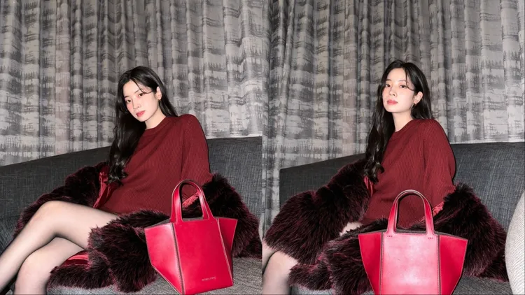 MICHAEL KORS全球代言人多賢選用JORDI深紅色中型提包，1萬8500元。品牌提供