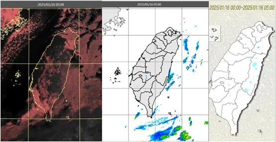 今(16日)晨5時真實色雲圖顯示，迎風面有較多低雲(左圖)；5時雷達回波合成圖顯示，東側海面有零散回波(中圖)；5時累積雨量圖顯示，東半部有局部少量降雨(右圖)。氣象應用推廣基金會