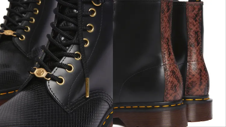 鞋身以黑色鑽石壓花皮革拼接高級全粒面皮革，鞋後跟則以鮮明紅黑拼色蛇紋帶來好兆頭。品牌提供
