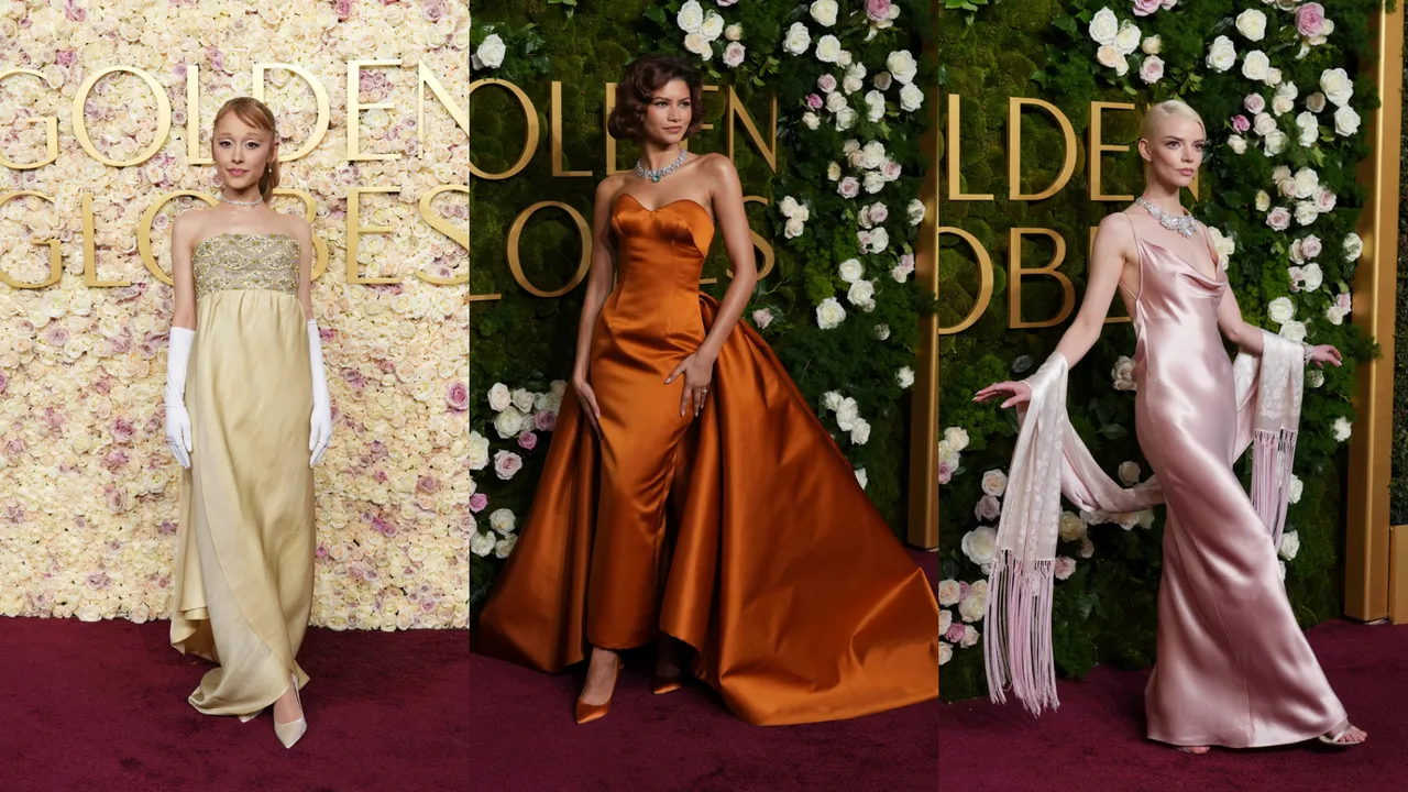 亞莉安娜格蘭德（左起）、Zendaya、安雅泰勒喬伊的金球獎紅毯造型。美聯社
