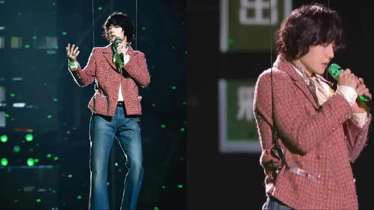 王一博跨年演出的升空表演時右側安全扣環竟未扣緊。翻攝微博